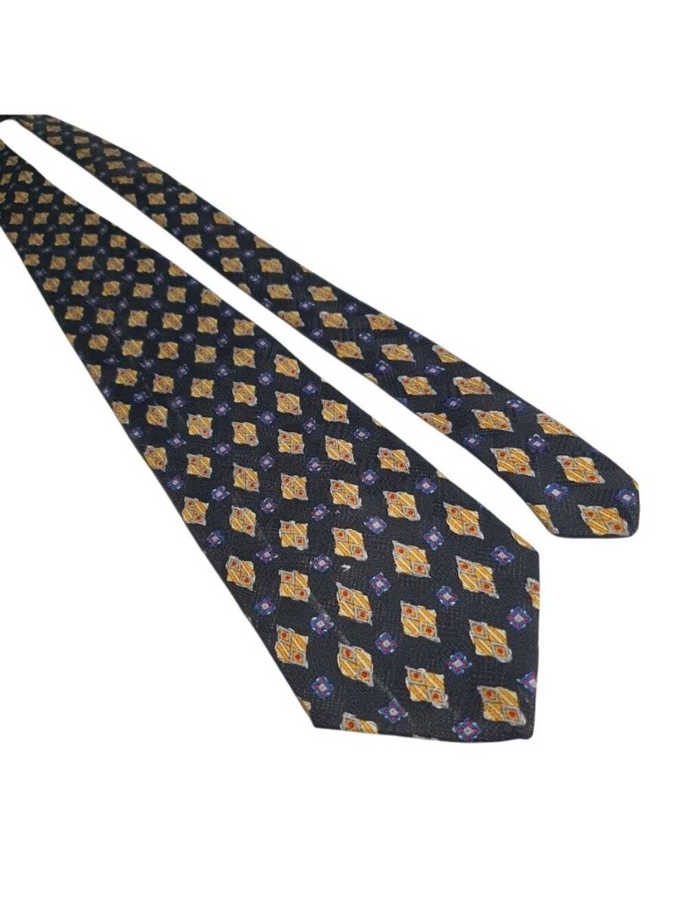 Mayne Vintage Silk Tie Geometric Abstract Diamond Navy Yellow Red Blue Work